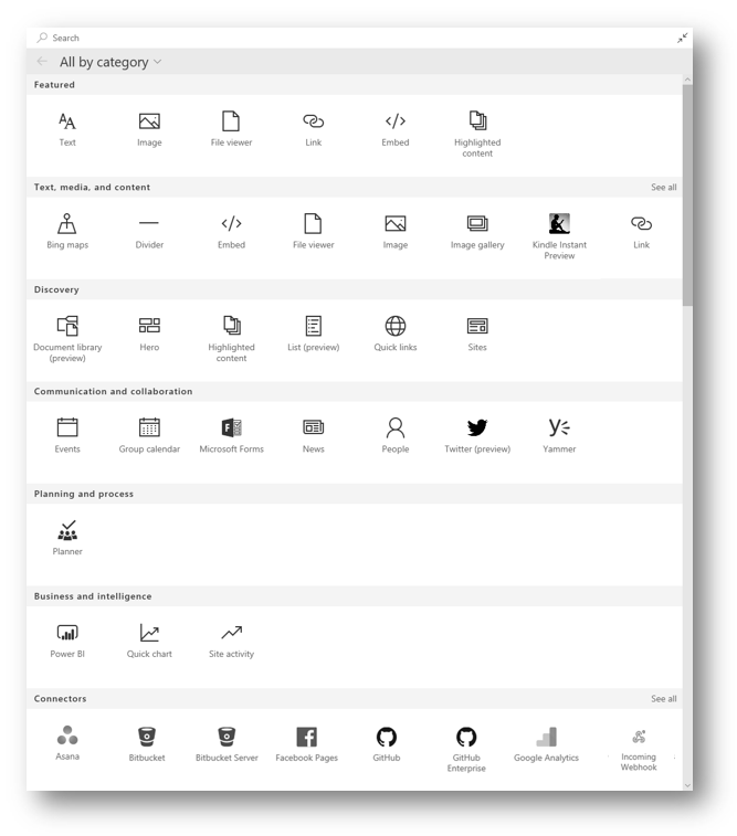 The full, expanded SharePoint page authoring toolbox, showing all available web parts.