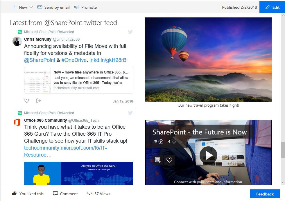 Het webonderdeel Twitter dat de @SharePoint-feed toont naast een afbeelding en een video.