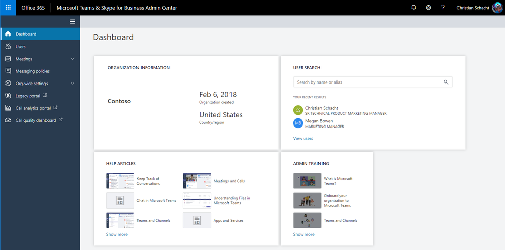 Microsoft Teams & Skype for Business Admin Center Dashboard