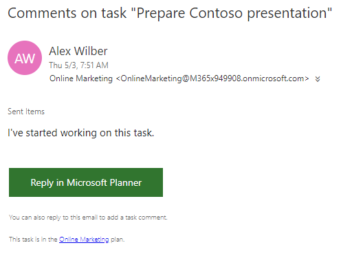 Screenshot of email notification for first task comment