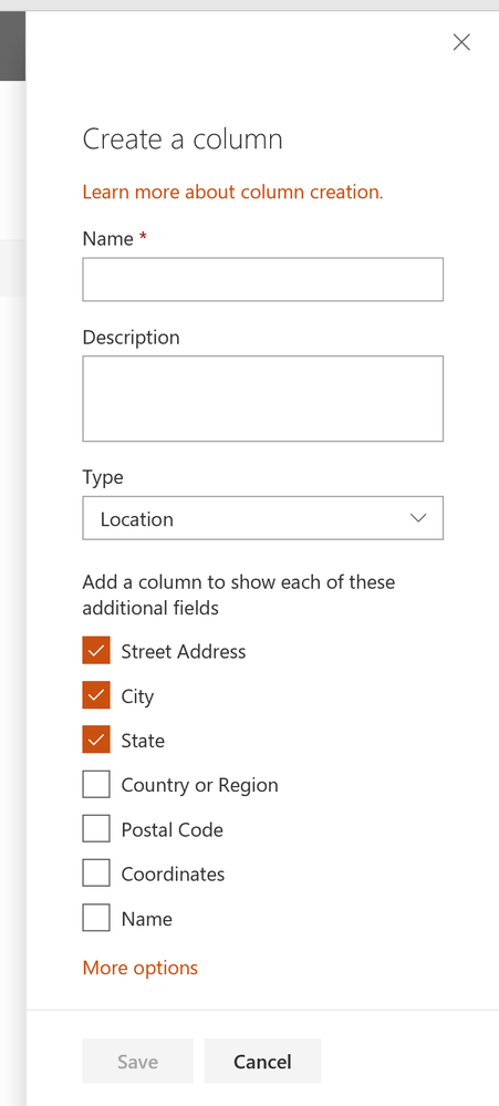The Create Column pane for Location Column, showing the required name field and checkboxes for adding subcolumns such as Street Address, city, and State