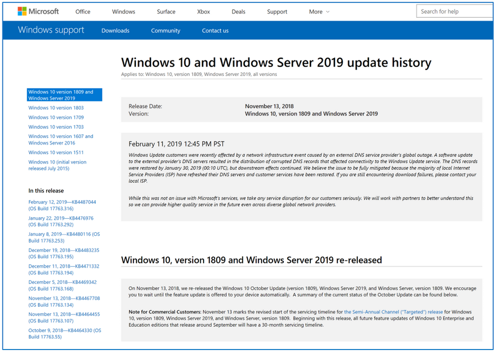 Windows 10 update history page